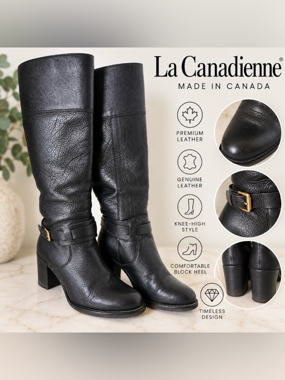 La Canadienne Black Leather Knee High Harness Boots 6.5 Made in Canada